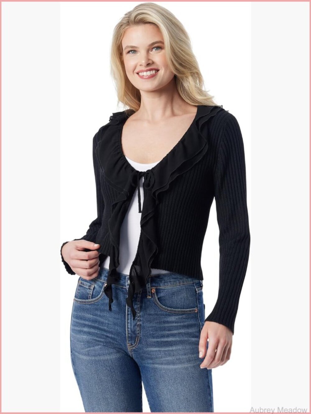 Ruffle Trim Tie Front Cardigan Long Sleeve Stretch Knit